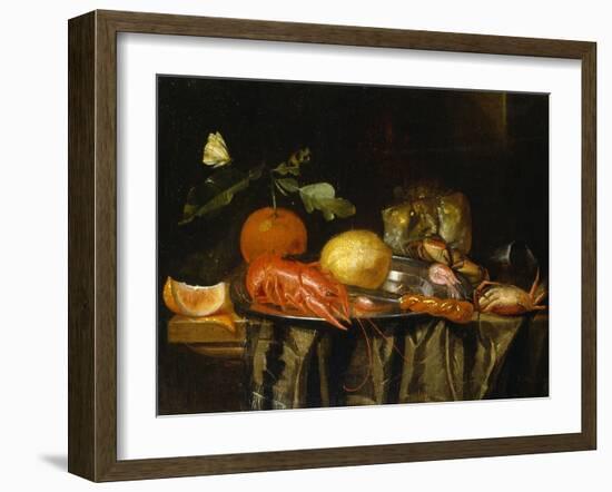 A Crayfish, Prawns and a Lemon on a Pewter Plate on a Draped Table-Jan Davidsz de Heem-Framed Giclee Print