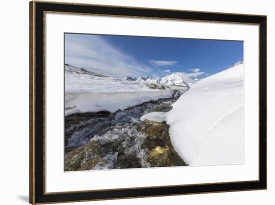 A creek in the snowy vallley with Monte Disgrazia in the background, Malenco Valley, Province of So-Roberto Moiola-Framed Photographic Print