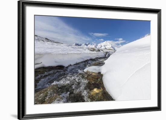 A creek in the snowy vallley with Monte Disgrazia in the background, Malenco Valley, Province of So-Roberto Moiola-Framed Photographic Print