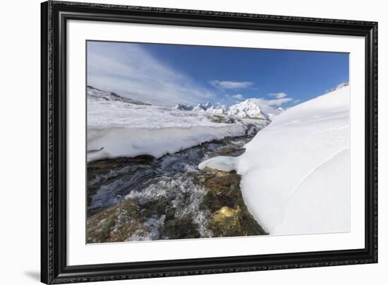 A creek in the snowy vallley with Monte Disgrazia in the background, Malenco Valley, Province of So-Roberto Moiola-Framed Photographic Print