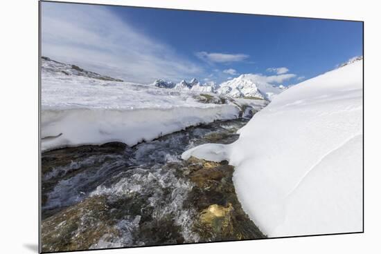 A creek in the snowy vallley with Monte Disgrazia in the background, Malenco Valley, Province of So-Roberto Moiola-Mounted Photographic Print