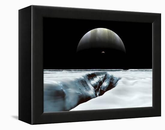 A Crescent Jupiter and Volcanic Satellite, Io, Hover over the Horizon of the Icy Moon of Europa-Stocktrek Images-Framed Premier Image Canvas