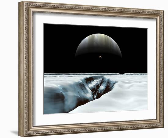 A Crescent Jupiter and Volcanic Satellite, Io, Hover over the Horizon of the Icy Moon of Europa-Stocktrek Images-Framed Photographic Print