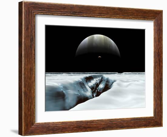 A Crescent Jupiter and Volcanic Satellite, Io, Hover over the Horizon of the Icy Moon of Europa-Stocktrek Images-Framed Photographic Print