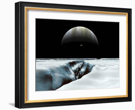 A Crescent Jupiter and Volcanic Satellite, Io, Hover over the Horizon of the Icy Moon of Europa-Stocktrek Images-Framed Photographic Print