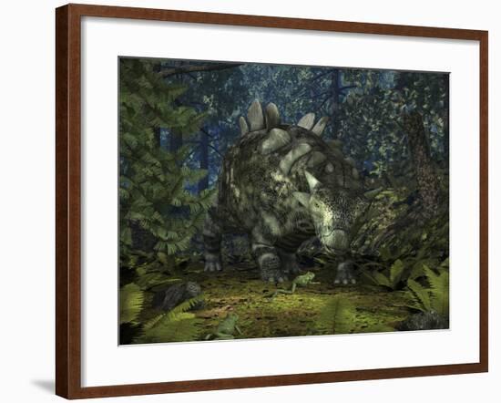 A Crichtonsaurus Crosses Paths with a Pair of Frogs Within a Cretaceous Forest-Stocktrek Images-Framed Photographic Print