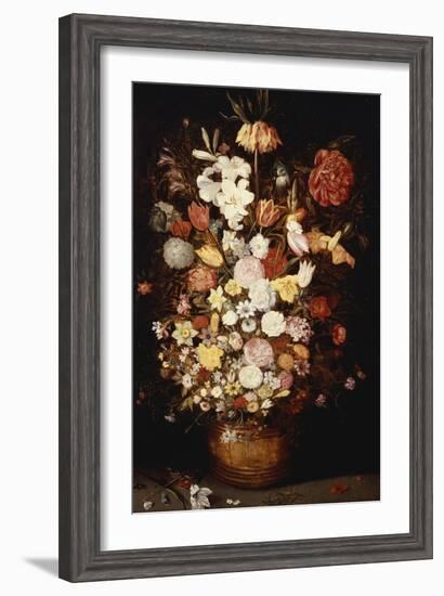 A Crown Imperial, a Peony and Other Flowers in a Wooden Tub with Butterflies and Beetles-Jan Brueghel the Elder-Framed Giclee Print