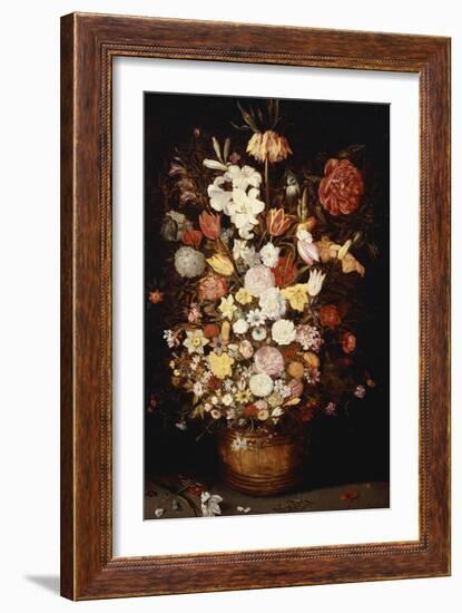 A Crown Imperial, a Peony and Other Flowers in a Wooden Tub with Butterflies and Beetles-Jan Brueghel the Elder-Framed Giclee Print