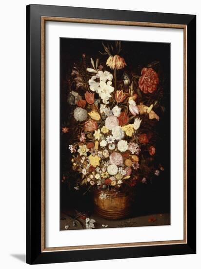 A Crown Imperial, a Peony and Other Flowers in a Wooden Tub with Butterflies and Beetles-Jan Brueghel the Elder-Framed Giclee Print