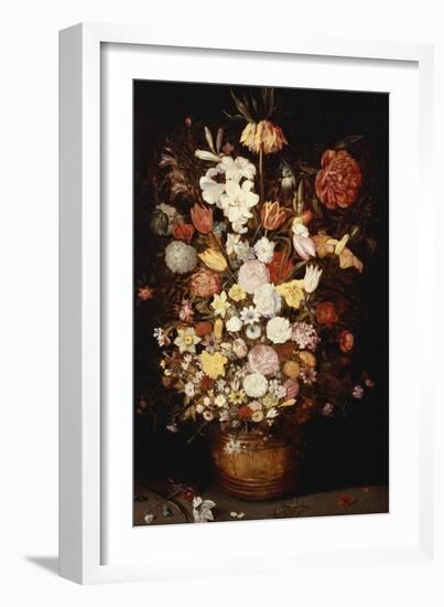 A Crown Imperial, a Peony and Other Flowers in a Wooden Tub with Butterflies and Beetles-Jan Brueghel the Elder-Framed Giclee Print