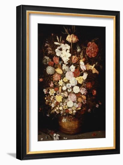 A Crown Imperial, a Peony and Other Flowers in a Wooden Tub with Butterflies and Beetles-Jan Brueghel the Elder-Framed Giclee Print