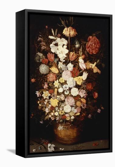 A Crown Imperial, a Peony and Other Flowers in a Wooden Tub with Butterflies and Beetles-Jan Brueghel the Elder-Framed Premier Image Canvas