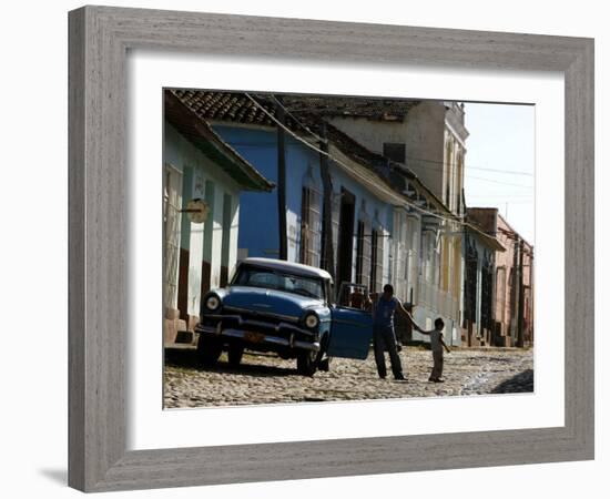 A Cuban Man Gets out of His Car with His Child-Javier Galeano-Framed Photographic Print