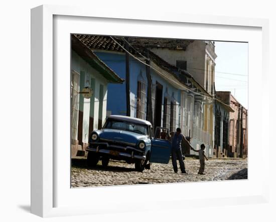 A Cuban Man Gets out of His Car with His Child-Javier Galeano-Framed Photographic Print