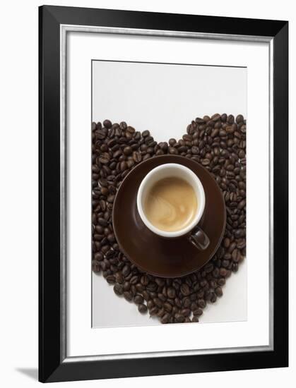 A Cup of Coffee on a Heart of Coffee Beans-Foodcollection-Framed Photographic Print