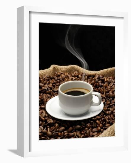 A Cup of Coffee on a Jute Sack Full of Coffee Beans-Gustavo Andrade-Framed Photographic Print