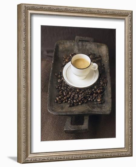 A Cup of Espresso on a Wooden Bowl with Coffee Beans-Anita Oberhauser-Framed Photographic Print