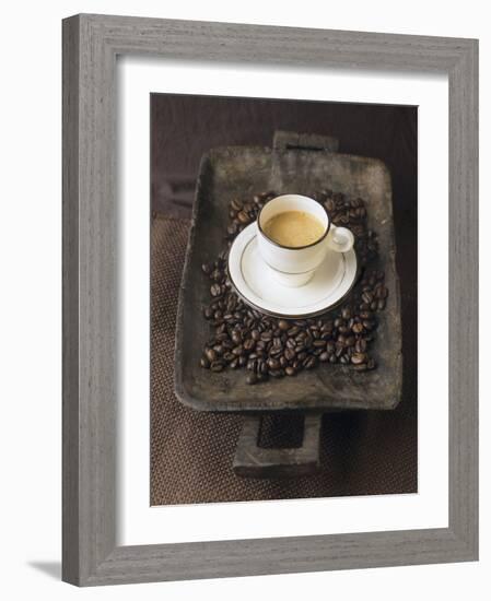 A Cup of Espresso on a Wooden Bowl with Coffee Beans-Anita Oberhauser-Framed Photographic Print