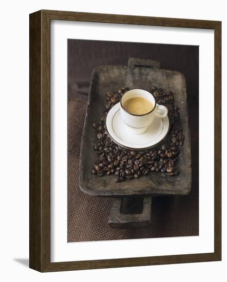 A Cup of Espresso on a Wooden Bowl with Coffee Beans-Anita Oberhauser-Framed Photographic Print