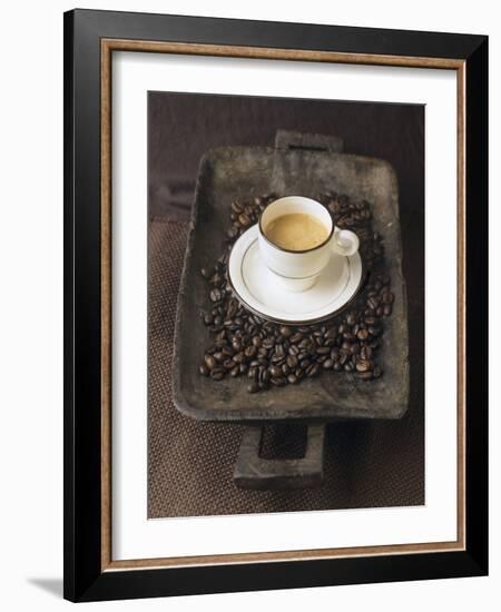 A Cup of Espresso on a Wooden Bowl with Coffee Beans-Anita Oberhauser-Framed Photographic Print