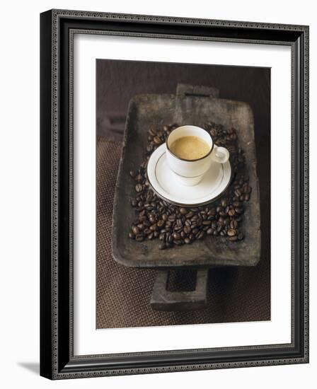 A Cup of Espresso on a Wooden Bowl with Coffee Beans-Anita Oberhauser-Framed Photographic Print