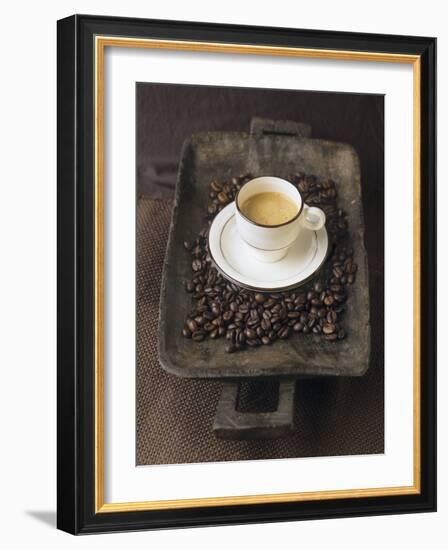 A Cup of Espresso on a Wooden Bowl with Coffee Beans-Anita Oberhauser-Framed Photographic Print