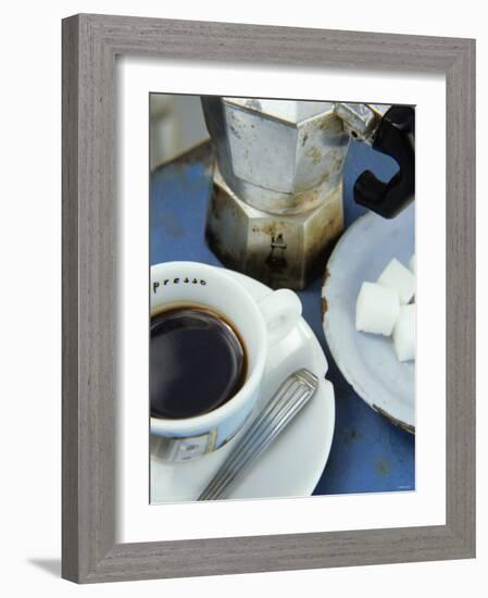 A Cup of Espresso, Sugar Cubes and Espresso Pot-Véronique Leplat-Framed Photographic Print