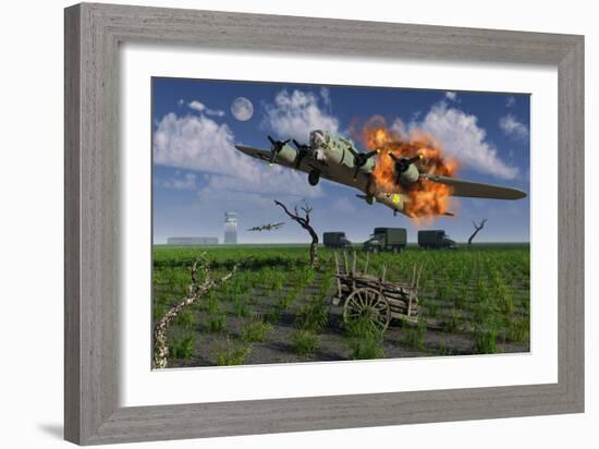 A Damaged B-17 Flying Fortress Attempting an Emergency Landing-null-Framed Art Print