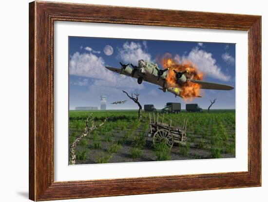 A Damaged B-17 Flying Fortress Attempting an Emergency Landing-null-Framed Art Print