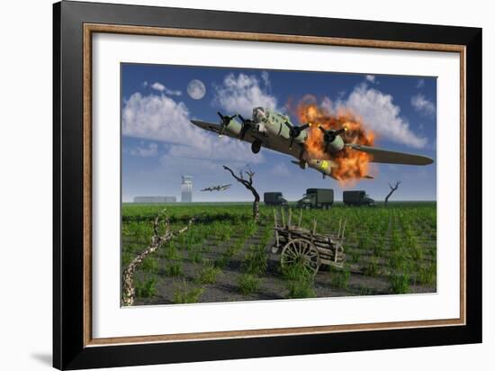 A Damaged B-17 Flying Fortress Attempting an Emergency Landing-null-Framed Art Print