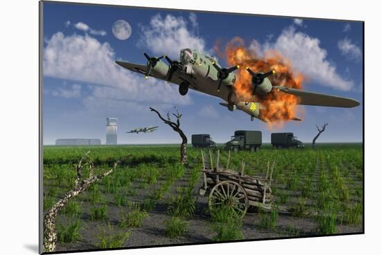 A Damaged B-17 Flying Fortress Attempting an Emergency Landing-null-Mounted Art Print