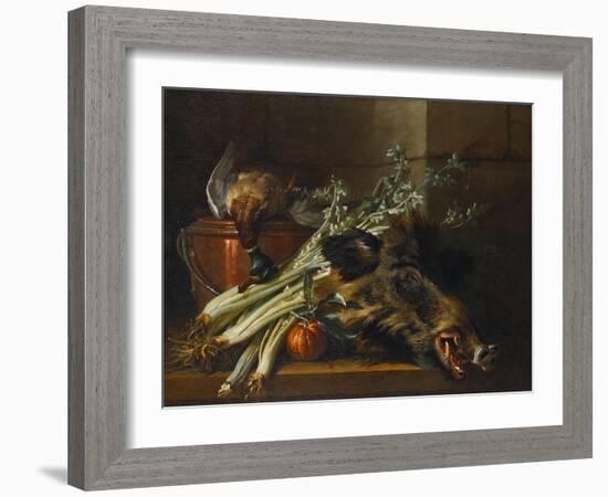 A Dead Mallard, a Boar's Head, Celery and a Copper Pot on a Ledge-Jean-Baptiste Oudry-Framed Giclee Print