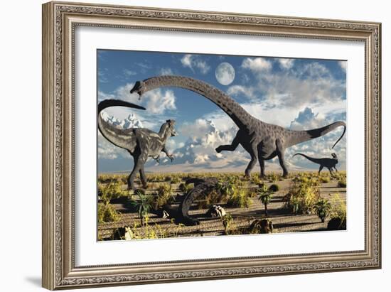 A Deadly Confrontation Between a Diplodocus and a Pair of Allosaurus-null-Framed Art Print