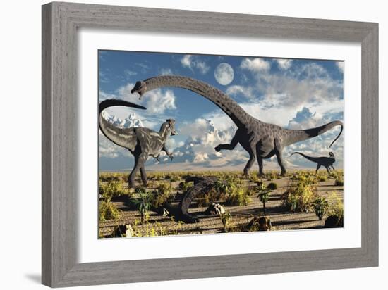 A Deadly Confrontation Between a Diplodocus and a Pair of Allosaurus-null-Framed Art Print