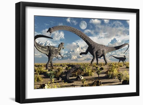 A Deadly Confrontation Between a Diplodocus and a Pair of Allosaurus-null-Framed Art Print