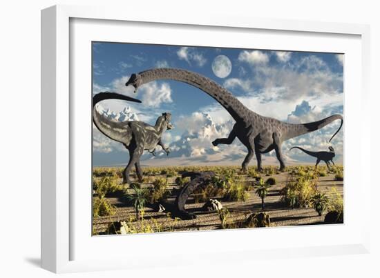 A Deadly Confrontation Between a Diplodocus and a Pair of Allosaurus-null-Framed Art Print