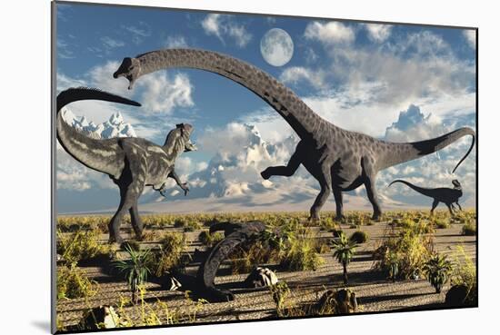 A Deadly Confrontation Between a Diplodocus and a Pair of Allosaurus-null-Mounted Art Print