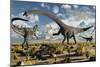 A Deadly Confrontation Between a Diplodocus and a Pair of Allosaurus-null-Mounted Art Print