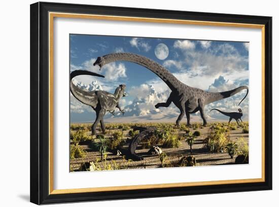 A Deadly Confrontation Between a Diplodocus and a Pair of Allosaurus-null-Framed Art Print