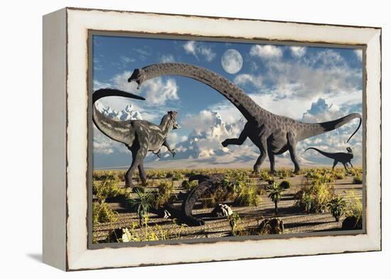 A Deadly Confrontation Between a Diplodocus and a Pair of Allosaurus-null-Framed Stretched Canvas