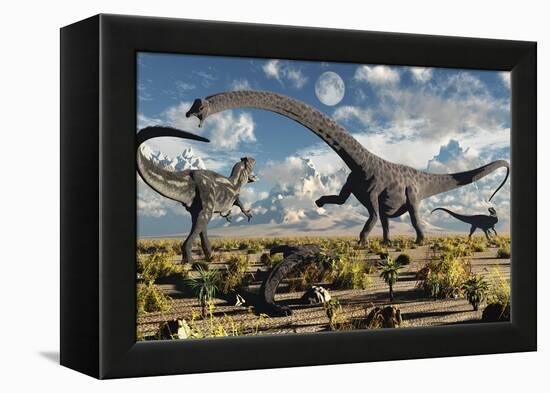 A Deadly Confrontation Between a Diplodocus and a Pair of Allosaurus-null-Framed Stretched Canvas
