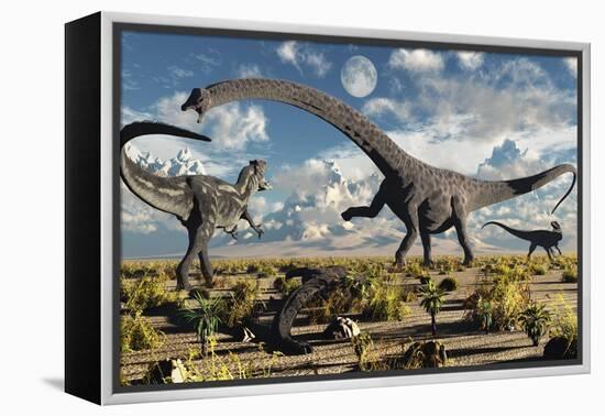 A Deadly Confrontation Between a Diplodocus and a Pair of Allosaurus-null-Framed Stretched Canvas