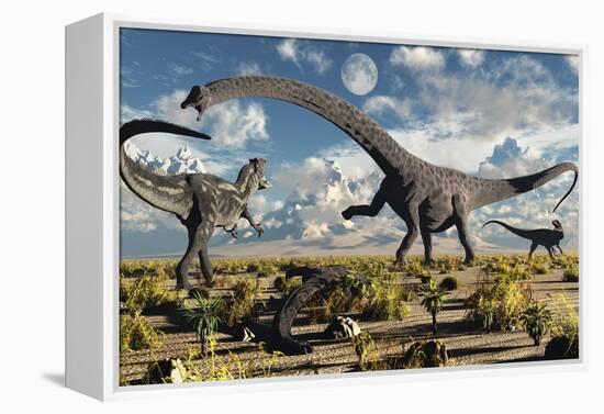 A Deadly Confrontation Between a Diplodocus and a Pair of Allosaurus-null-Framed Stretched Canvas