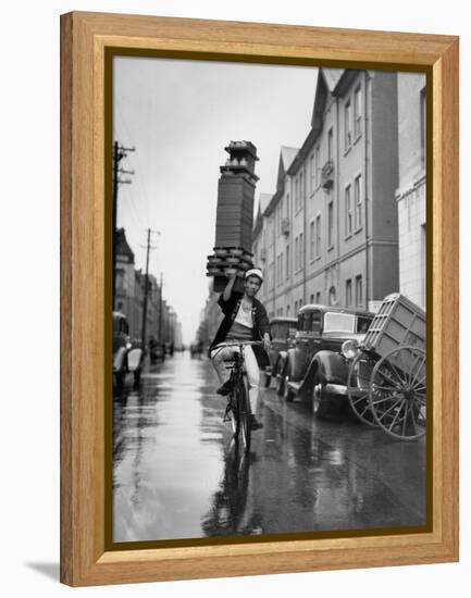 A Delivery Boy for a Tokyo Restaurant Carries a Tray of Soba Bowls-null-Framed Premier Image Canvas