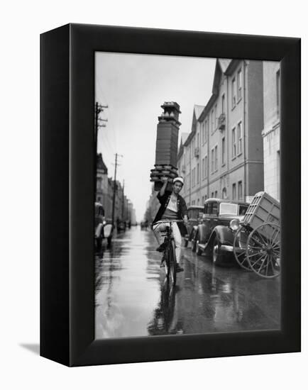 A Delivery Boy for a Tokyo Restaurant Carries a Tray of Soba Bowls-null-Framed Premier Image Canvas