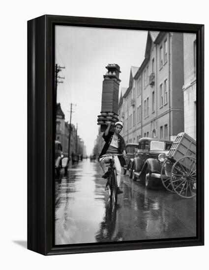 A Delivery Boy for a Tokyo Restaurant Carries a Tray of Soba Bowls-null-Framed Premier Image Canvas