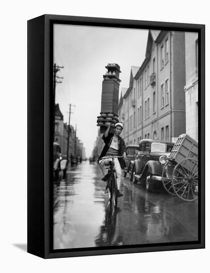 A Delivery Boy for a Tokyo Restaurant Carries a Tray of Soba Bowls-null-Framed Premier Image Canvas