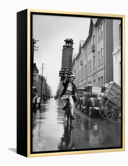 A Delivery Boy for a Tokyo Restaurant Carries a Tray of Soba Bowls-null-Framed Premier Image Canvas