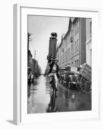 A Delivery Boy for a Tokyo Restaurant Carries a Tray of Soba Bowls-null-Framed Photographic Print