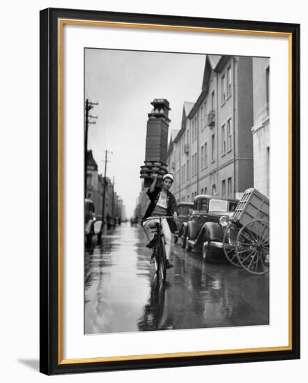 A Delivery Boy for a Tokyo Restaurant Carries a Tray of Soba Bowls-null-Framed Photographic Print